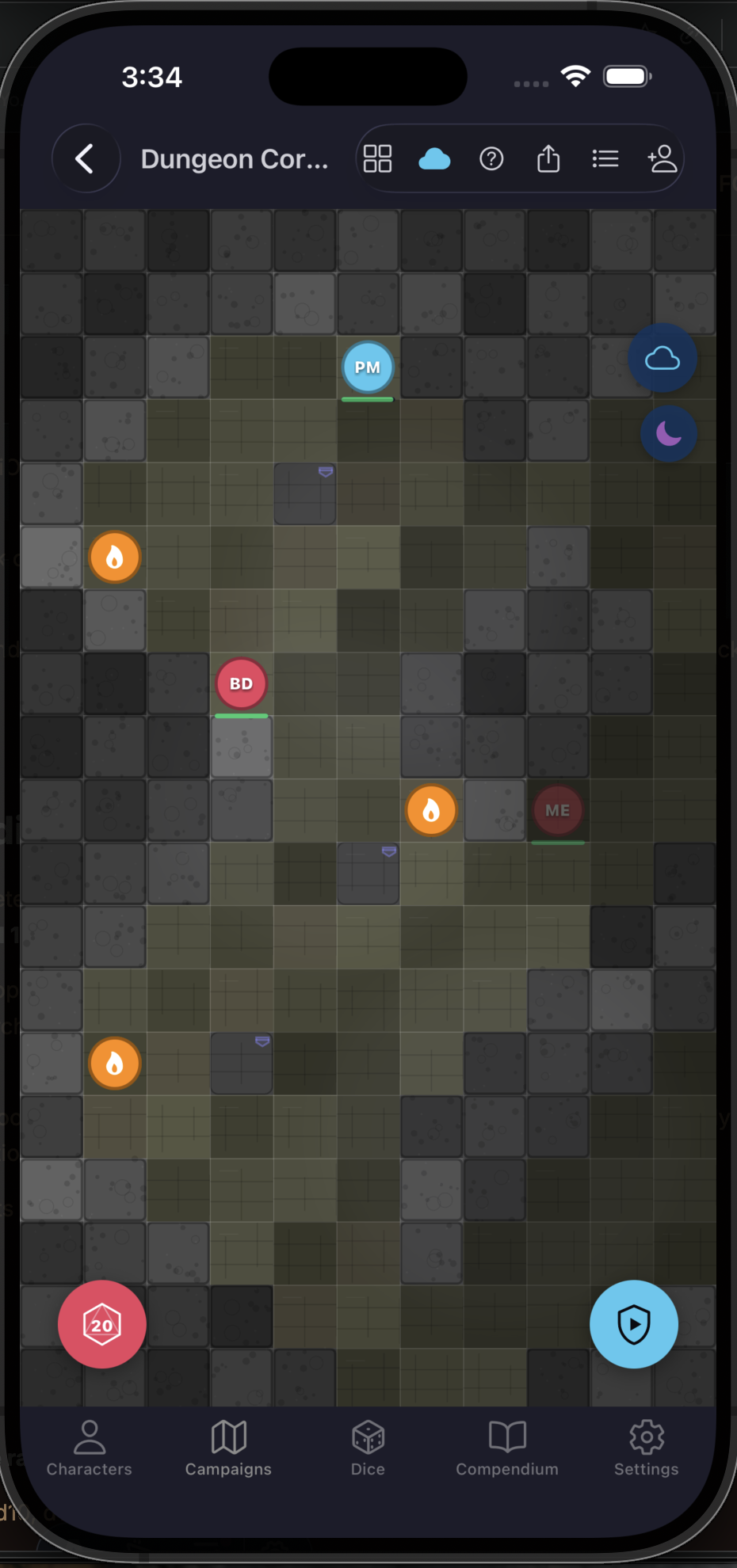 Battle map with dynamic vision, fog of war, and light sources on a dungeon grid