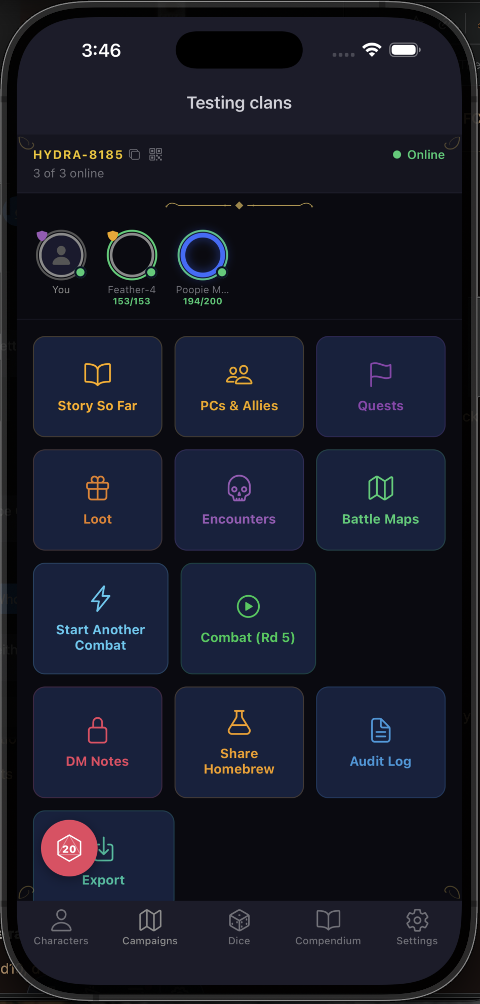 Campaign dashboard with room code, player list, and DM tools