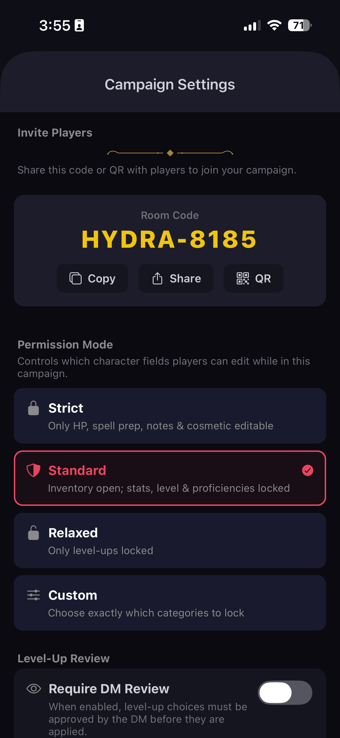 Campaign settings — room code and permission modes