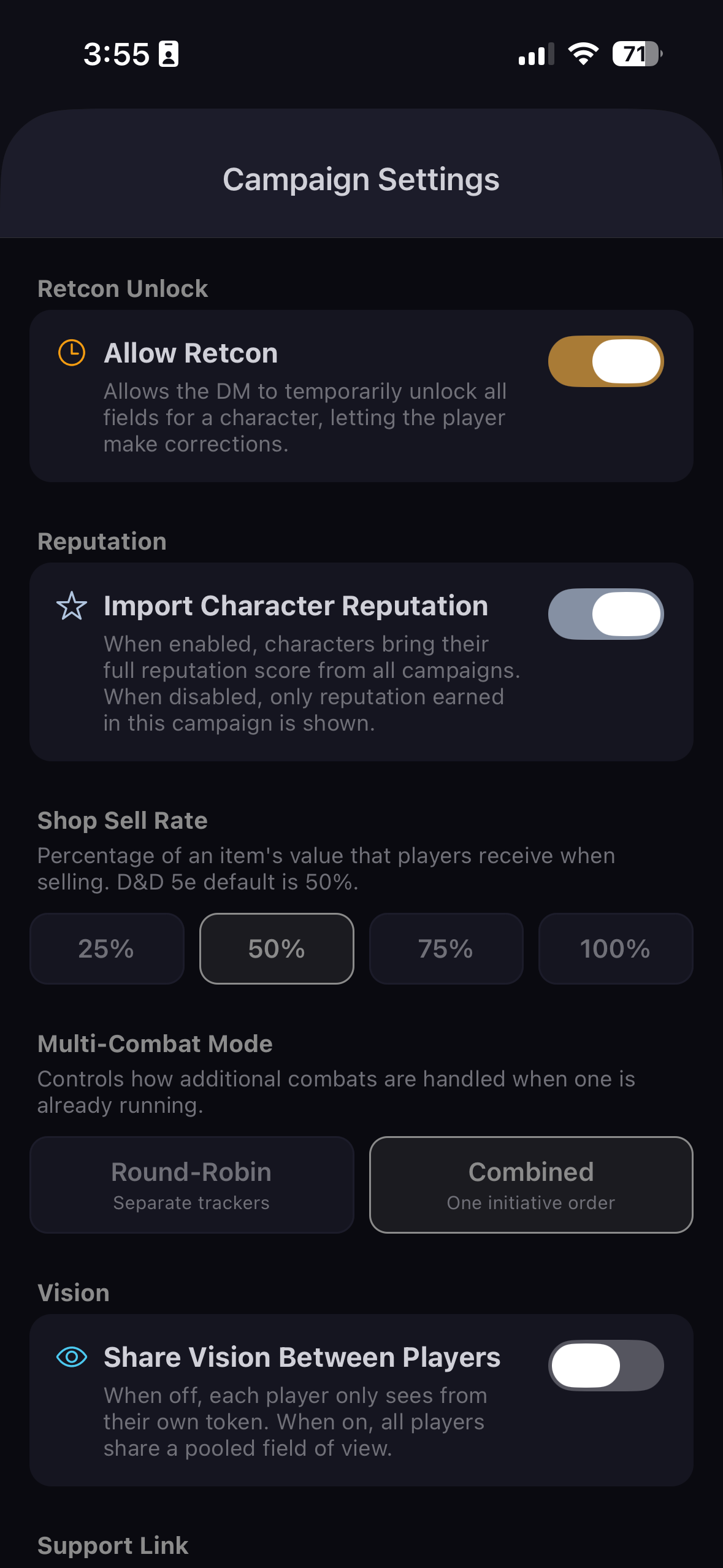 Campaign settings — gameplay options
