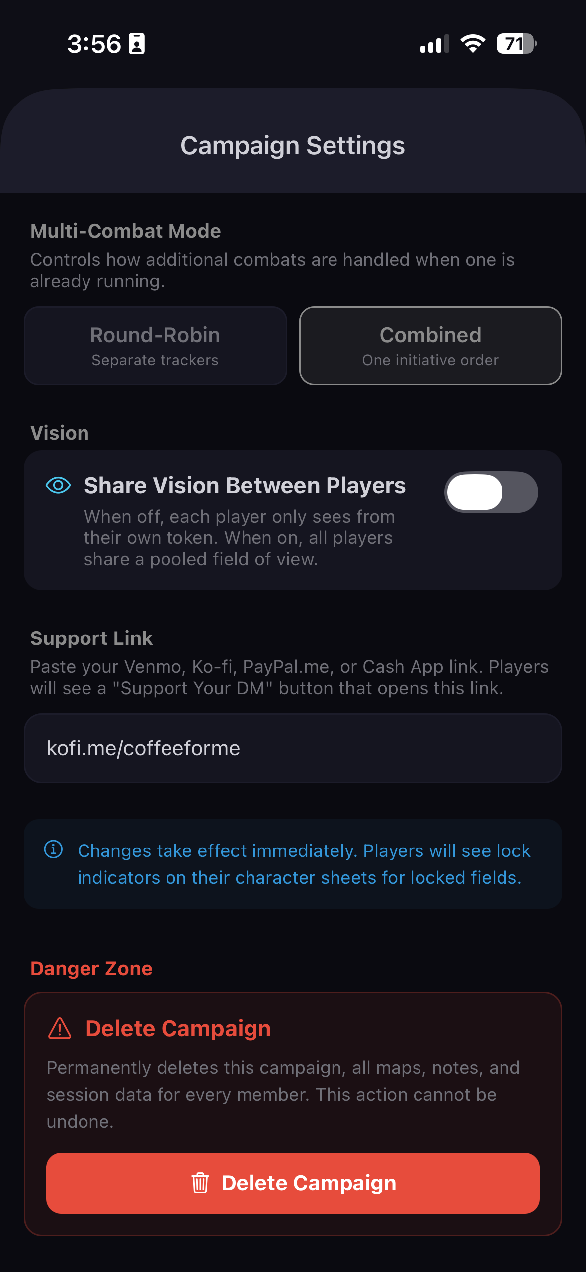 Campaign settings — danger zone