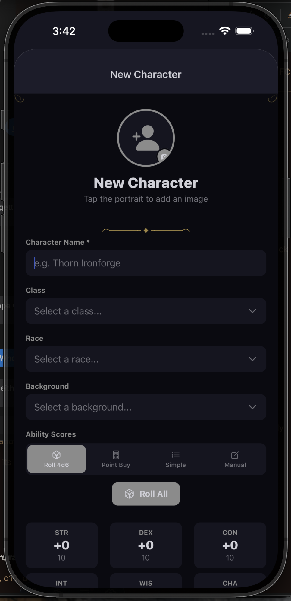 New Character wizard with class, race, and ability score options