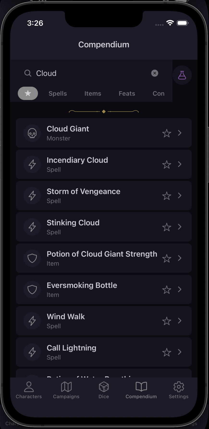 Compendium search results for 'Cloud' showing monsters, spells, and items