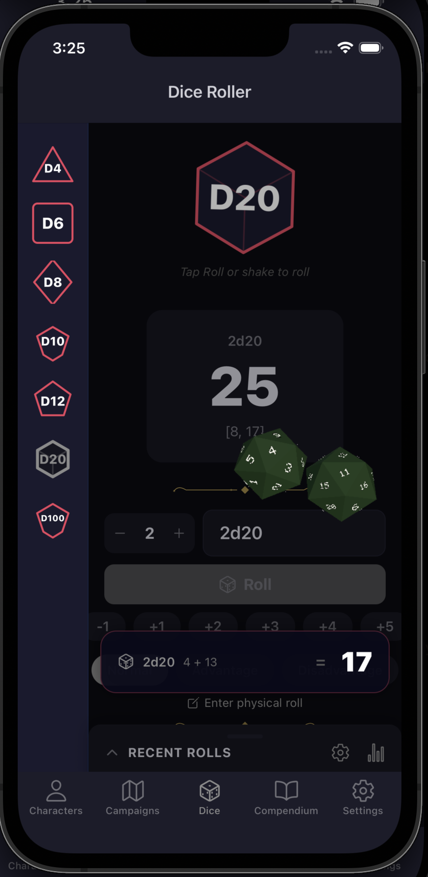 3D dice roller with physics-based d20 roll