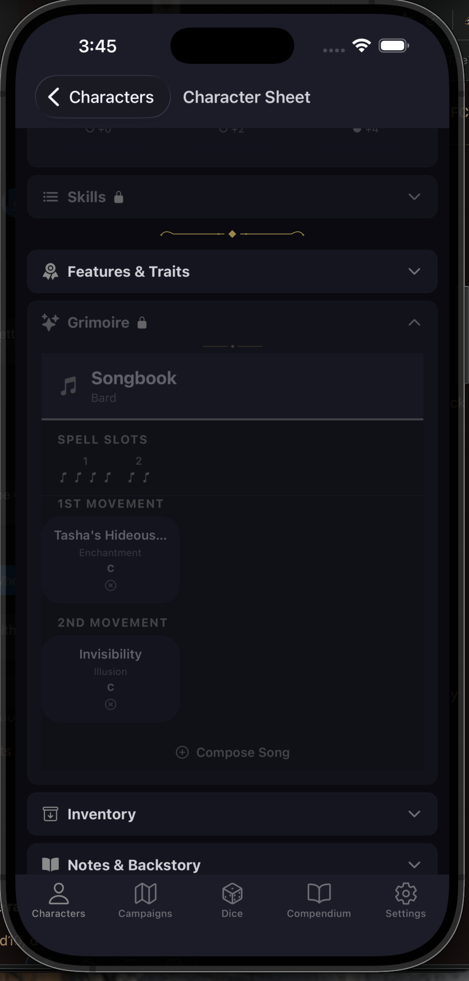 Bard Songbook grimoire with spell slots and prepared spells