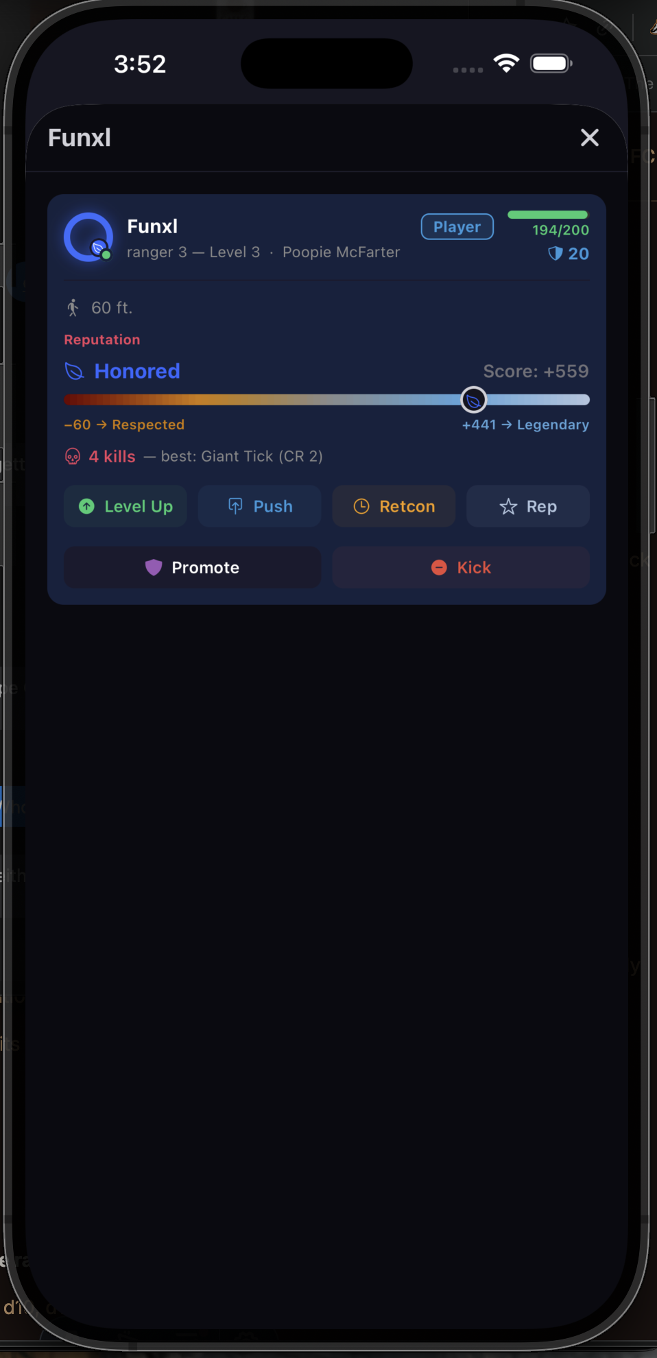 DM player management panel with Level Up, Push, Retcon, and Kick controls