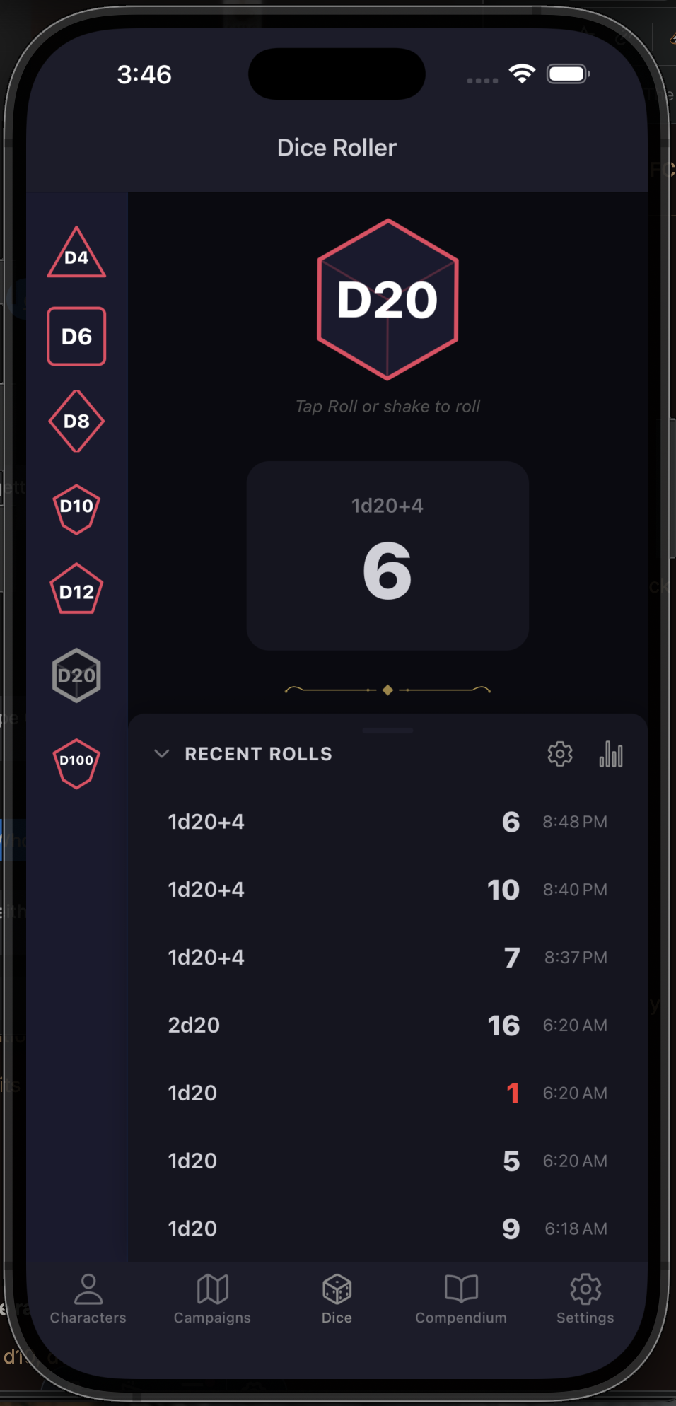 Roll history showing recent dice rolls with timestamps